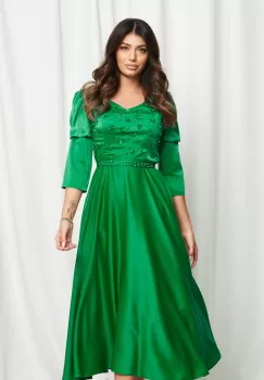 Rochie Lidia verde cu flori 3D si perle pe bust imagine