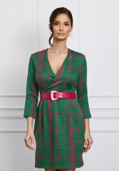 Rochie Lizzie verde cu imprimeuri fucsia si curea in talie imagine