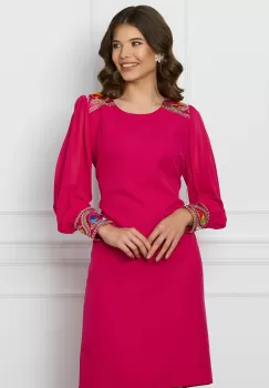 Rochie Lora fucsia cu broderie la umeri si maneci imagine