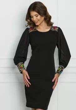 Rochie Lora neagra cu broderie la umeri si maneci imagine