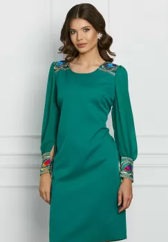 Rochie Lora verde cu broderie la umeri si maneci imagine