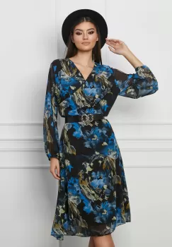 Rochie Loredana neagra cu imprimeu albastru si curea in talie imagine