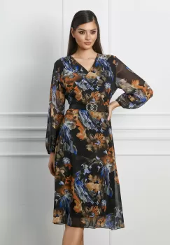 Rochie Loredana neagra cu imprimeu orange si curea in talie imagine