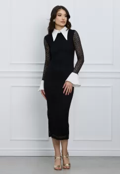 Rochie Lucia neagra din dantela cu mansete si guler alb imagine