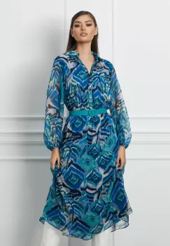 Rochie Madalina albastra din voal cu imprimeuri si curea in talie imagine