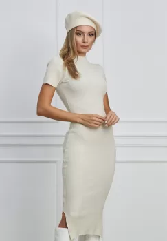 Rochie Madalina ivory din tricot reiat cu crepeuri la baza imagine