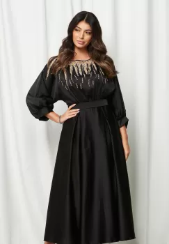 Rochie Madalina neagra cu strasuri la bust si curea in talie imagine