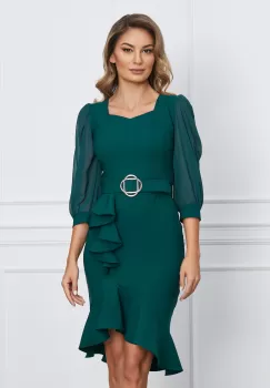 Rochie Madalina verde cu volan pe fusta si curea in talie imagine