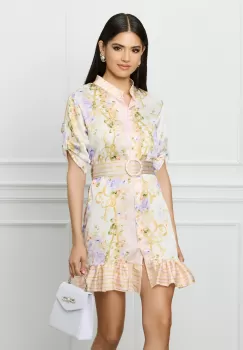 Rochie Malina alba cu imprimeuri lila si curea in talie imagine