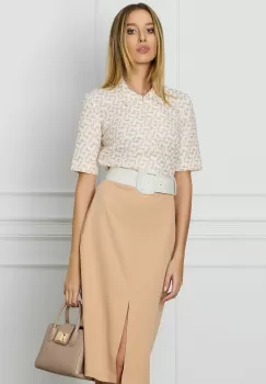 Rochie Malina bej cu imprimeu la bust si curea in talie imagine