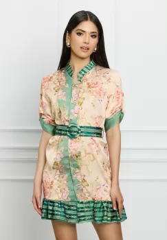 Rochie Malina bej cu imprimeuri verzi si curea in talie imagine