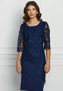 Rochie Malvina bleumarin din dantela cu accesoriu la decolteu imagine