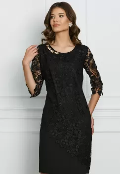 Rochie Malvina neagra din dantela cu accesoriu la decolteu imagine