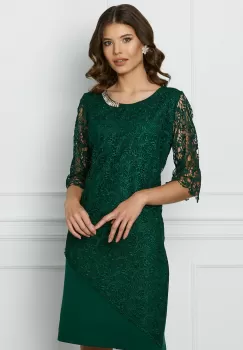 Rochie Malvina verde din dantela cu accesoriu la decolteu imagine