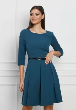 Rochie Mara albastru petrol cu pliuri si curea in talie imagine