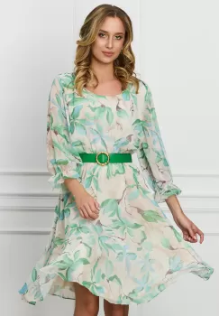 Rochie Mara bej din voal cu imprimeuri verzi si curea in talie imagine