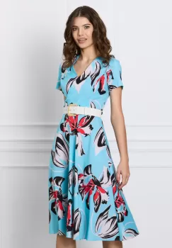 Rochie Mara bleu cu flori rosii si curea in talie imagine