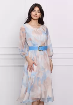 Rochie Mara bleu cu imprimeu bej si curea in talie imagine