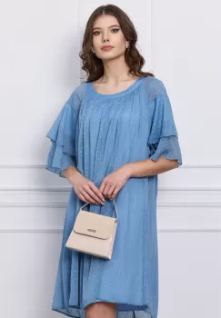 Rochie Mara bleu din voal cu fir lurex si insertii in relief imagine