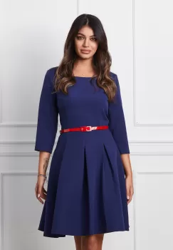 Rochie Mara bleumarin cu pliuri si curea in talie imagine