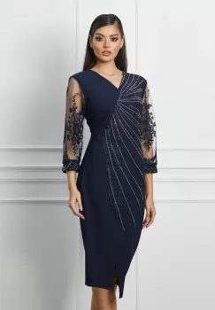 Rochie Mara bleumarin cu strasuri si maneci din dantela imagine