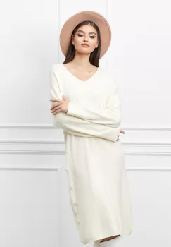 Rochie Mara crem din tricot cu nasturi pe lateral imagine