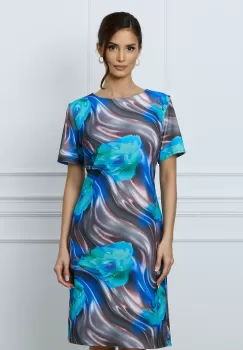 Rochie Mara gri cu imprimeu floral turcoaz imagine