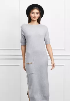 Rochie Mara gri din tricot cu nasturi si buzunar imagine