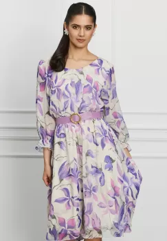 Rochie Mara ivory din voal cu imprimeuri mov si curea in talie imagine