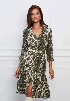 Rochie Mara kaki cu imprimeuri bej si curea in talie imagine