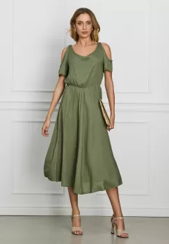Rochie Mara kaki din in cu decupaje la umeri imagine