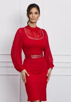 Rochie Mara rosie cu maneci din voal si curea in talie imagine