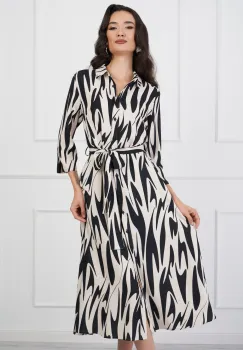 Rochie Mara tip camasa bej cu imprimeuri negre si cordon in talie imagine