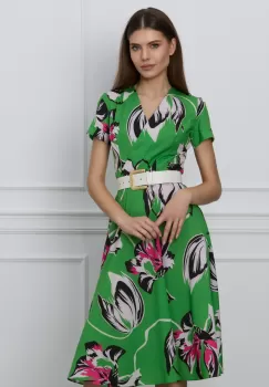 Rochie Mara verde cu flori fucsia si curea in talie imagine