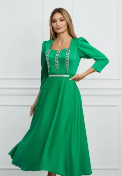 Rochie Mara verde din satin cu strasuri pe bust imagine