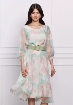 Rochie Mara verde mint cu imprimeu bej si curea in talie imagine