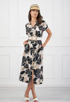 Rochie Maria bej cu imprimeu negru imagine