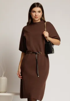 Rochie maro din tricot cu maneci fluture si curea in talie imagine