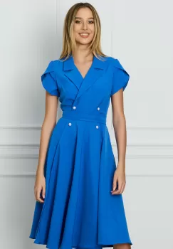 Rochie MBG albastra cu nasturi si cordon decorativ in talie imagine