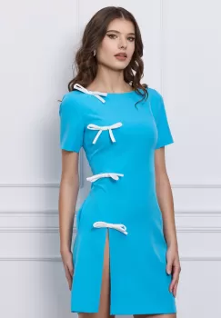 Rochie MBG albastra scurta cu funde albe si crepeu pe fusta imagine