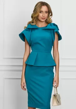 Rochie MBG albastru petrol cu funde pe umeri si peplum in talie imagine
