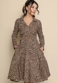 Rochie MBG bej cu animal print si nasturi la bust imagine