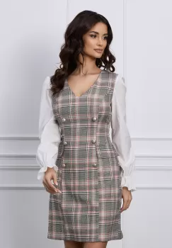 Rochie MBG bej cu carouri roz si maneci albe imagine