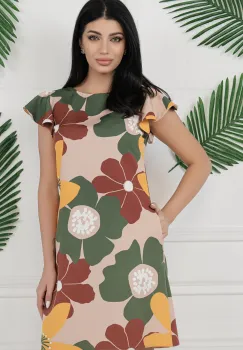 Rochie Mbg bej cu flori verzi si volanase la maneci imagine