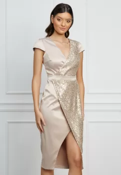 Rochie MBG bej din satin cu paiete imagine