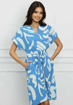 Rochie MBG bleu cu imprimeu alb si cordon in talie imagine