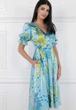 Rochie MBG bleu cu imprimeu floral turcoaz si verde imagine
