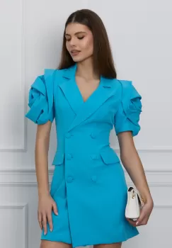 Rochie MBG bleu tip sacou cu flori pe maneci imagine