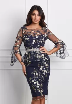 Rochie MBG bleumarin cu broderie florala bej imagine