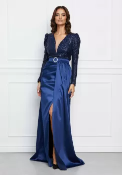 Rochie MBG bleumarin cu bust din paiete si crepeu maxi pe fusta imagine